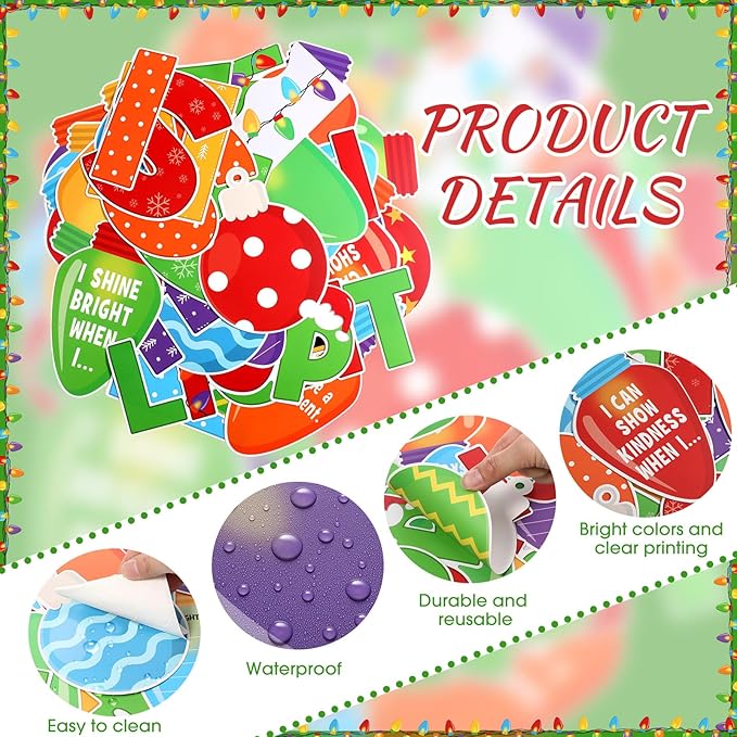 86 Pcs Christmas Bulletin Board Decorations with Light Bulb Borders Xmas Kindness Bulletin Board Set Xmas Winter Colorful Light Bulb Cutouts for Classroom Decoration School Home Holiday
