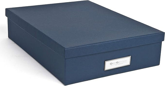 Bigso Oskar Fiberboard Label Frame Document Letter Box - File Organizer Box for Important Paperwork - Document Storage with a Lid & Metal Label Window - 3.3 in x 10.2 in x 13.8 in - Dark Blue
