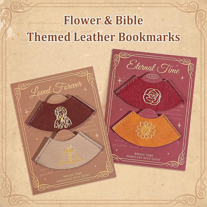 4 PCS Vintage Leather Bookmarks, Bible Bookmarks with Gold Stamping, Christian Book Mark Gift for Bible Study & Journaling, Cute Page Markers for Book Lovers Women Girls