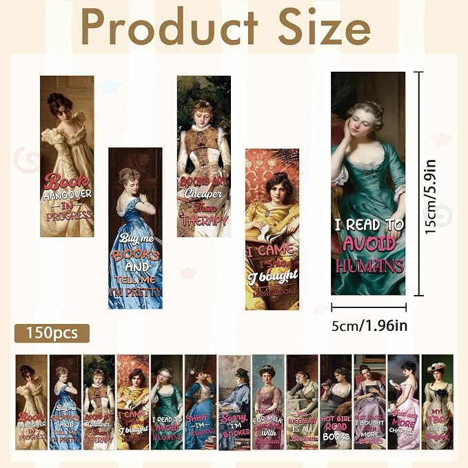 Funny Girl Bookmarks Bulk, 150 Pcs Vintage Art Paper Book Marks for Reading Women, Sarcastic Humor Page Markers for Readers Double Sided for Novel Journal Planner Book Club Bookish Gifts