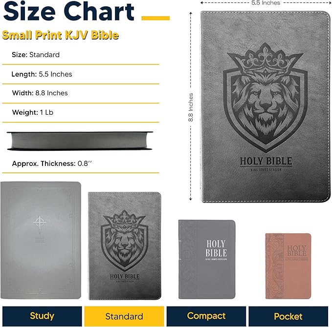 Custom KJV Holy Bible with Personalized Name Silver Imprint | Gray Faux Leather King James Version | Lion Emblem Cover | Silver Gilded Pages | Gift Bible for Religious Occasions | Small 8pt Text