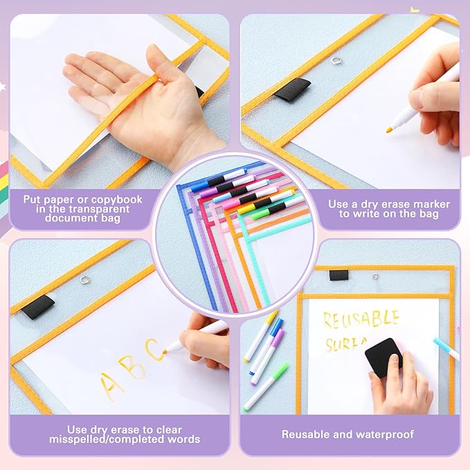 24 Pcs Dry Erase Pocket Reusable Sleeves 10" x 14" Clear Plastic Sheet Protectors with Markers and Mini Dry Erasers for Paper(Happy Day Color)
