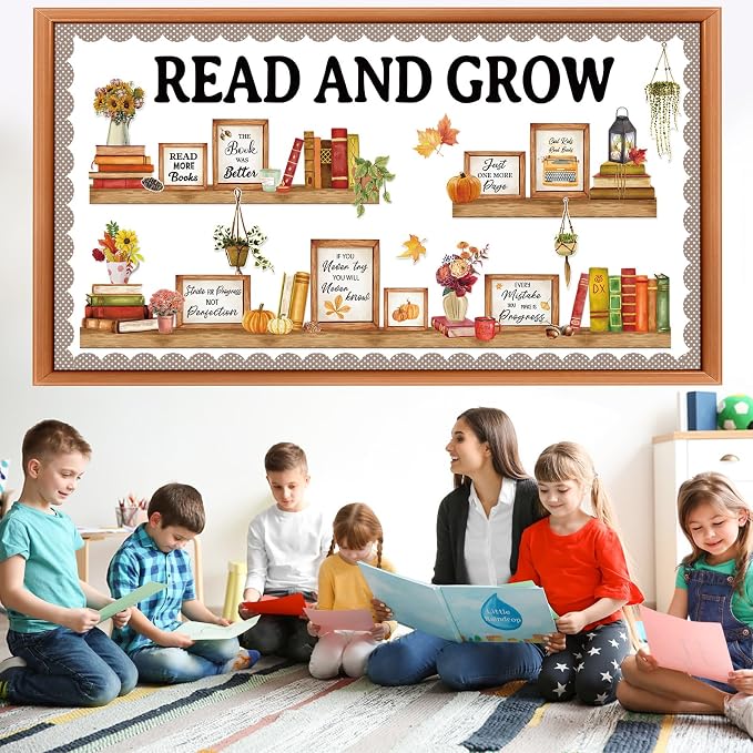 Qilery Bookshelf Bulletin Board Set Read and Grow Motivational Classroom Decor Reading Library Bulletin Board Set Inspirational Cutout for Back to School Classroom Decoration