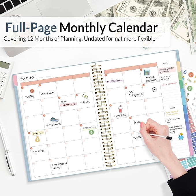 SUNEE Budget Planner - Monthly Budget Book with Expense Tracker Notebook, A4(8.5" x 11") Undated 12 Month Bill Organizer & Finance Planner to Manage Your Money, Account Book with Colorful Tab, Blue