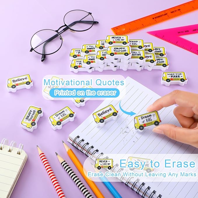 50 Pcs Erasers Bulk Inspirational Bus Erasers Cute Mini Motivational Gifts for Prizes Homework Rewards Supplies Office Supplies