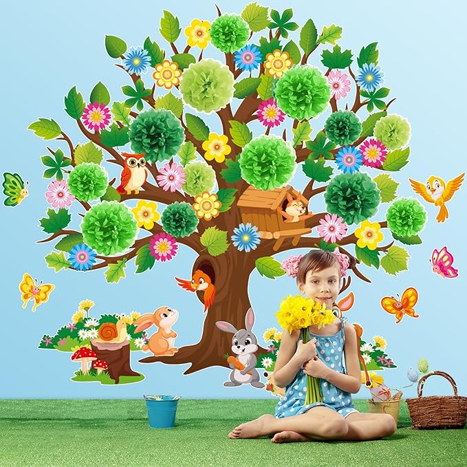 Pajean 126 Pieces Classroom Tree Bulletin Board Set Spring Tree Bulletin Board Decoration with Paper Pom Poms 3D Flowers Leaves Butterfly Cutouts for School Classroom Home Wall Chalkboard Decor