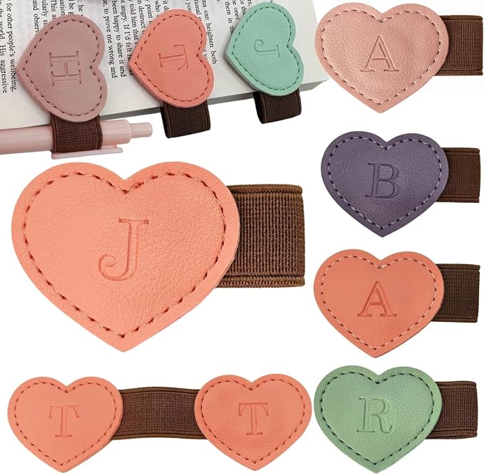 Personalized Magnetic Leather Heart Bookmark with Pen Holder - 26 Letters Custom Book Mark Notebook Pencil Loop with Initial Book Marker for Readers, Book Lovers- Gifts for Women Men(Black & Orange,J)