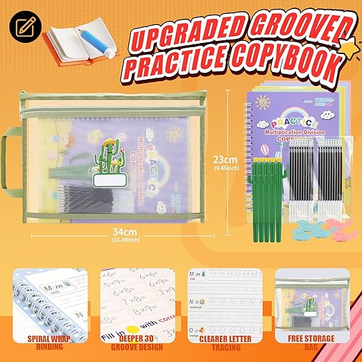 BYFWH Upgraded Large Size Magic Practice Copybook for Kids, Reusable Grooved Handwriting Practice Book for Preschool Kids Age 3-8 Calligraphy with Catus Pens & Storage Bag (5PCS 7.3 * 10.3 inch)