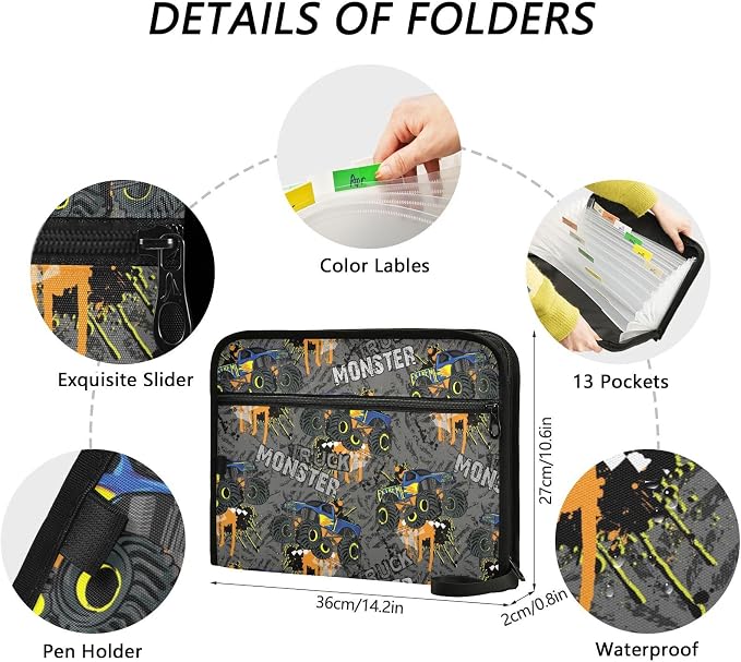 Monster Truck Car File Folders,Plastic Folders with 13 Pockets,Expandable File Folder for Documents School Students Office,Aesthetic Folder with Labels A4 Letter Size