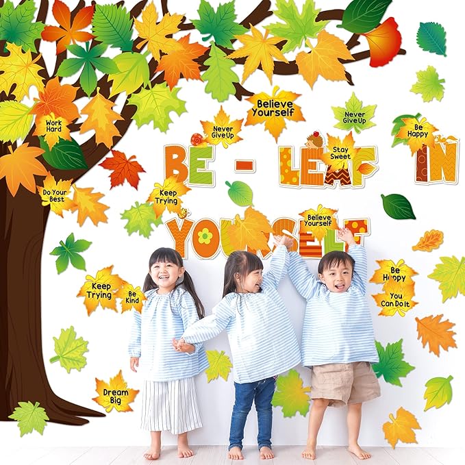 Funrous Fall Bulletin Board Decorations Classroom Fall Tree Maple Leaves Pumpkin Bulletin Board Set Be Leaf in Yourself Inspirational Quote Cutout Autumn Thanksgiving School Wall Decor(Maple Leaf)