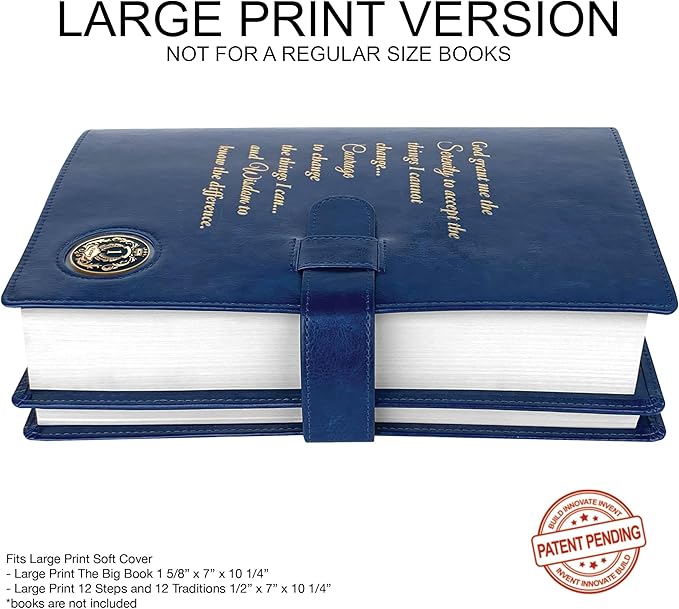 GALILEO® Large Print Double AA Big Book Cover & 12 Steps & 12 Traditions | PU Leather | AA Book Covers for Hardcover | AA Gift | Alcoholics Anonymous | Serenity Prayer (Large Print/Navy Blue)