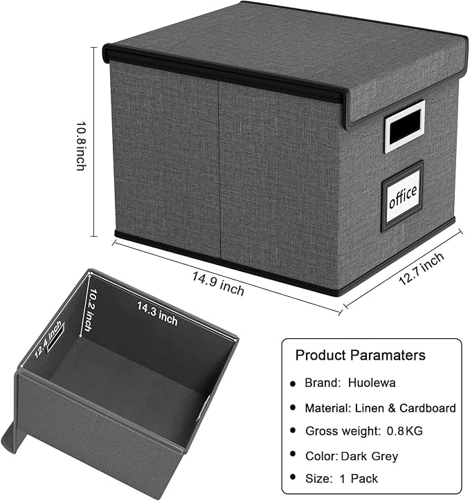 File Organizer Box with Lid, Collapsible File Folder Organizer for Office Document Storage, Filing Box with Plastic Slide for Letter Size Hanging File Folders(1 Pack, Dark Grey)