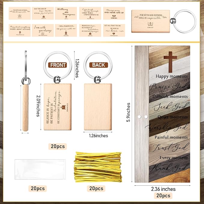 Spakon 40 Sets Father Day Church Gifts Bulk Mens Christian Mini Bible Verse Wooden Keychains Scripture Religious Pens with Cross Prayer Bookmarks Faith Gifts for Women Dad Pastor Sunday School