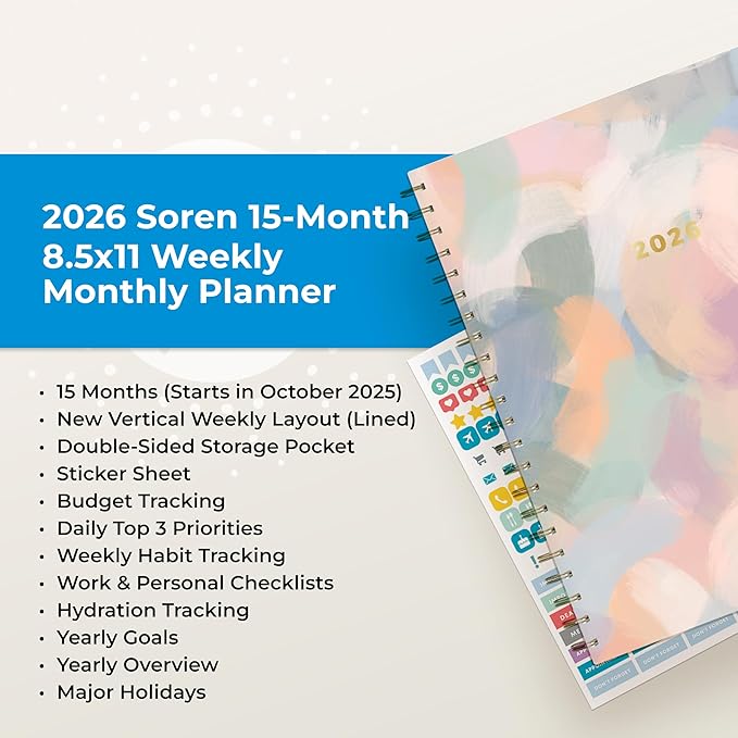 Blue Sky 15 Month 2026 Weekly and Monthly Planner Calendar, October 2025 - December 2026, 8.5" x 11", Laminated Cover, Durable Twin Wire Binding, Laminated Tabs, Storage Pocket, Includes Stickers, Soren