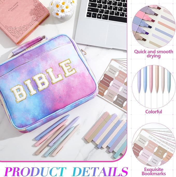 Large Bible Cover Case for Women, Bible Study Supplies Journaling Kit Chenille Letter PU Leather with Tabs Gel Pen Highlighters with Strap Easter Mothers Day Christian Gifts for Women Mom(Starry)