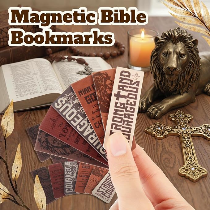 48 Pcs Magnetic Bible Bookmarks for Men Father's Day Christian Gifts Bulk Lion Inspirational Scripture Bookmarks, The Lord is My Strength Strong & Courageous Religious Gifts for Dad