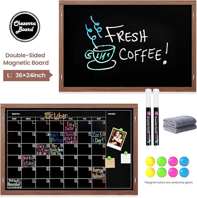 2-in-1 Double-Sided Magnetic Chalkboard 36"x24", Chalk Calendar Board & Large Blackboard for Kitchen & Home Decor, Schedule, Menu, Back-to-School Gift - Hanging Chalk Board with 2 Liquid Pens, Brown