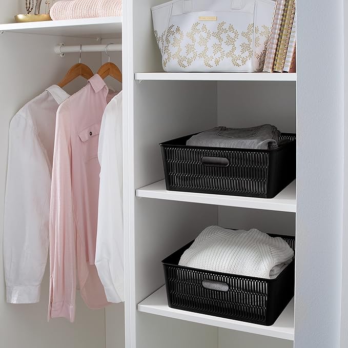 Simplify 4Pk Shallow Slide 2 Stack It Tote Basket | Storage & Organization | Open Bins with Stackable Capability | Bathroom | Crafts | Pantry | Playroom | Office | Black