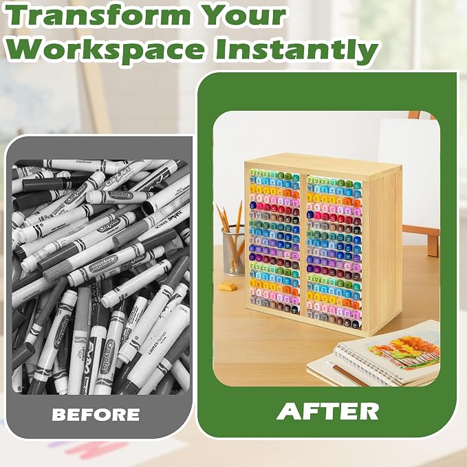 PROLEE Marker Organizer for 224 Markers,Wooden Marker Holder with 32 Slots, Pens Pencils Art Supply Alcohol Markers Storage Organizer for Desk Home Classroom Office Decor(Natural,15“x11”x5.2 “)