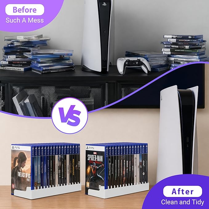6 Pack Video Game Storage Holder for PS5/PS4/PS3/PS2/Xbox One/Xbox 360/Xbox Series X/S/Wii/Switch/Switch 2 Game Cases, 16-Disc Capacity DVD & Blu-Ray Organizer Stand for Desk (White)