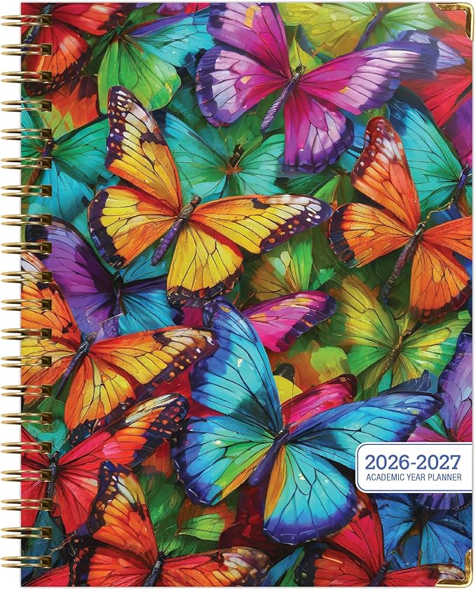 HARDCOVER Academic Year 2026-2027 Planner: 14 Months (May 2026 Through June 2027) 8.5"x 11" Daily Weekly Monthly Planner Yearly Agenda. Bookmark, Pocket Folder and Sticky Note Set (Colorful Butterflies)