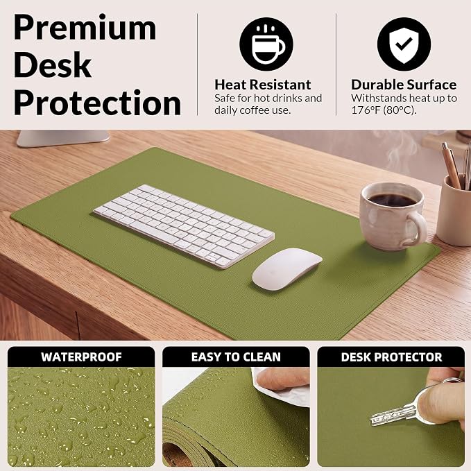 AFIING Cork Desk Mat, 35.4" x 17", Olive Green,Desk pad Protector | Dual-Sided Cork & PU Leather, Large Mouse Pad, Non-Slip & Waterproof