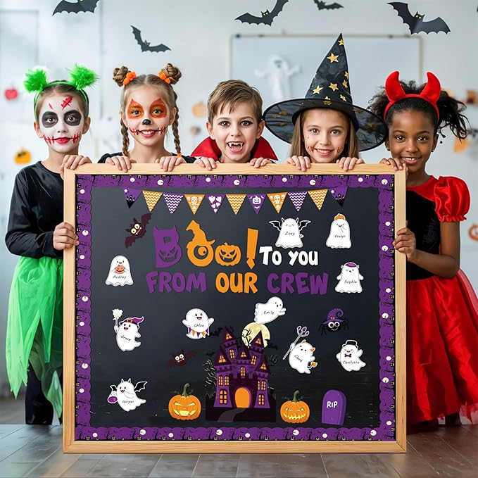 112pcs Halloween Bulletin Board Decoration Set Cute Ghost Name Tag Paper Cutouts Pull the Flag Pumpkin Bat Spider Tombstone Ghost House Cut Outs for Halloween School Home Office Wall Decor
