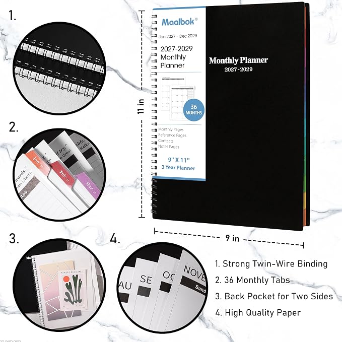 2027-2029 Monthly Planner/Calendar - 3 Year Monthly Planner 2027-2029, Jan. 2027 - Dec. 2029, 9'' x 11'', Calendar Planner with 36 Months Tabs, Double-side Pocket, Holidays, Notes Pages