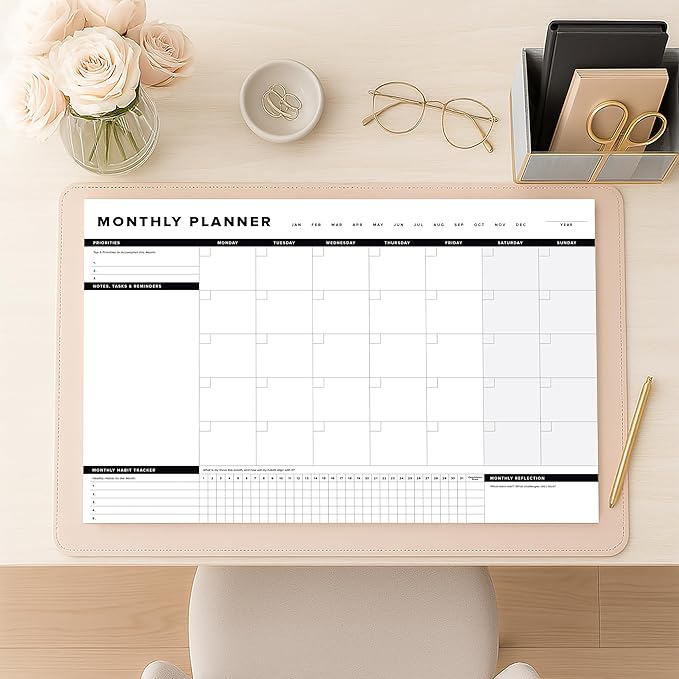 ThreeKin Onyx Monthly Planner - Premium 18-Sheet Tear-Off Notepad, 12 x 18 inches, Clean Design, Perfect for Work, School, Projects, and Entrepreneurs, Female & USA Owned Business