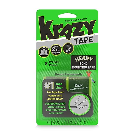 Krazy Tape Strong Bond Heavy Duty Double Sided Mounting Tape, 1"x2", Pack of 8 Pre-Cut Pieces, Grey, Easy Lift Adhesive Strips for Glass, Leather, Metal, Drywall & Wood Surfaces, Indoor, Outdoor Use