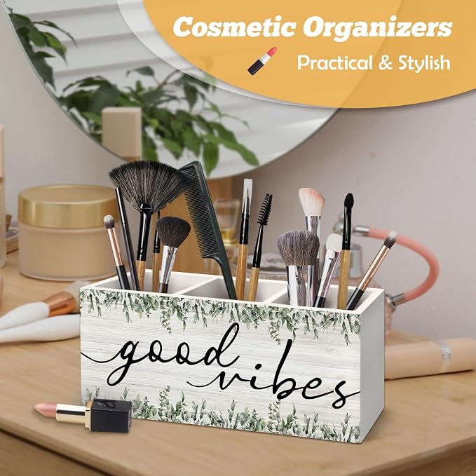 Inspirational Good Vibes Pen Holder Organizer for Desk Accessories, Motivational Botanical Wooden Box Sign Desk Decorations for Girls Room Bedroom Decor, Inspirational Gifts for Women