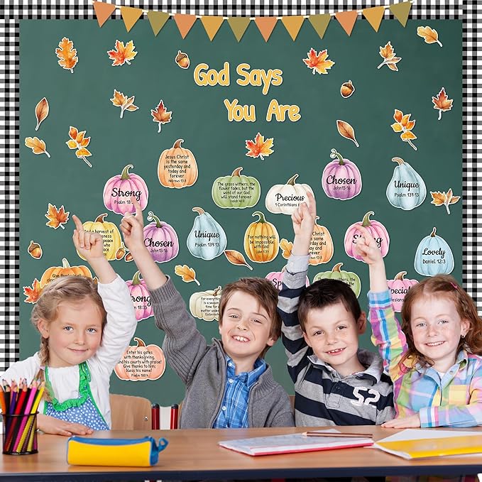137Pcs Religious Fall Bulletin Board Decorations Set, Christian Bible Verse Thanksgiving Bulletin Board Decor, Watercolor Pumpkin Maple Leaves Cutout Sunday School Chalkboard Wall Supplies