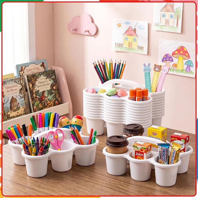 12 Pack Classroom Caddy Organizer with Handle Bulk Plastic Drink Cup Caddy Holder School Storage Supplies with 6 Compartments for Table Crayon Pencil Drink Delivery(White)