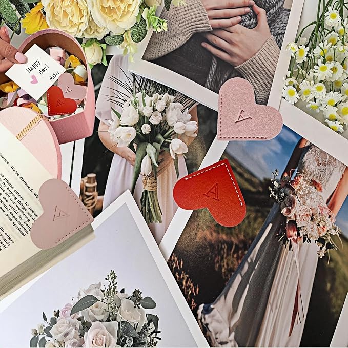 Personalized Leather Heart Bookmarks with Initials, 26 Letters Custom Corner Book Mark for Reading Women,Teacher, Student, Book Lovers Book Marker, Meaningful Gifts (Red+Pink,T)