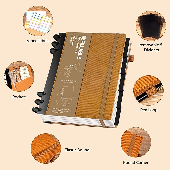 Yoment Refillable Notebooks for Work Discbound: Hardcover Notebook with 5 Subject Removable Dividers Tabs Colleged Ruled Large Journal for Writing Women Men 240 Pages,Brown