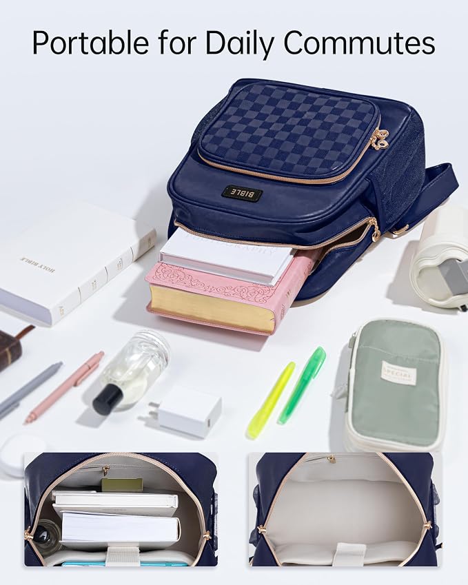 Premium Bible Backpack Set for Women - Stylish Checkered PU Leather Bible Bag with 72 Bible Tabs, 4 Highlighters & 2 Pens - Ideal for Church, Study & Travel