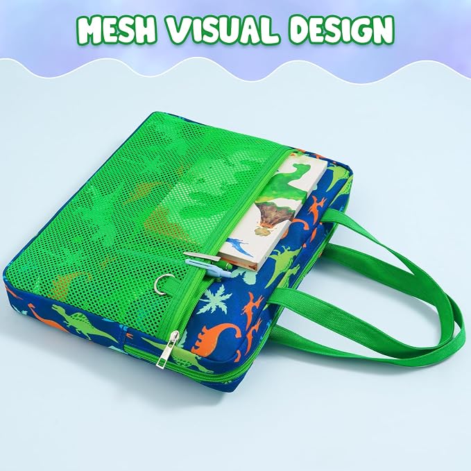 WAWSAM Dinosaur Kids Mesh Zipper Pouch, File Organizer Folders with Pocket | 13.78" x 11.42" Waterproof File Folder for Boys with Handle, Document Organizer for School, Books, Travel, Home Storage