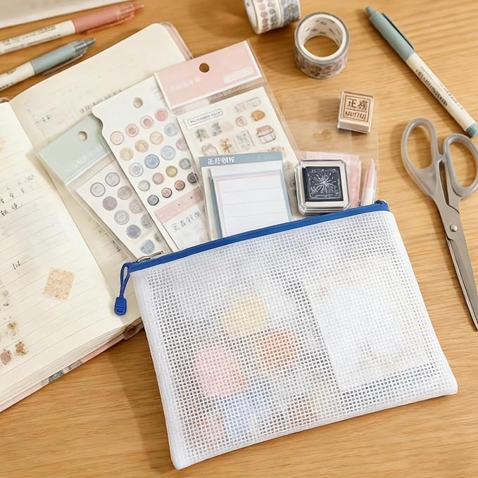 12-Pack Mesh Zipper Pouch Set with 1 Organizer Bag, 3 Sizes (A4, A5, B6) Clear Waterproof File Bags for Travel Organization, Journaling & School Office Supplies (13pcs)