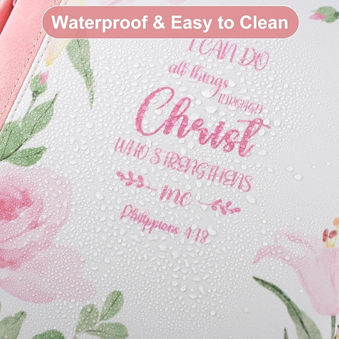 Bible Cover Case for Women PU Leather Bible Bag, Portable Holder Carrying Case with Study Supplies Storage, Christian Church Bag, Bible Journaling Kit Christian Gifts for Women and Girl (Pink)