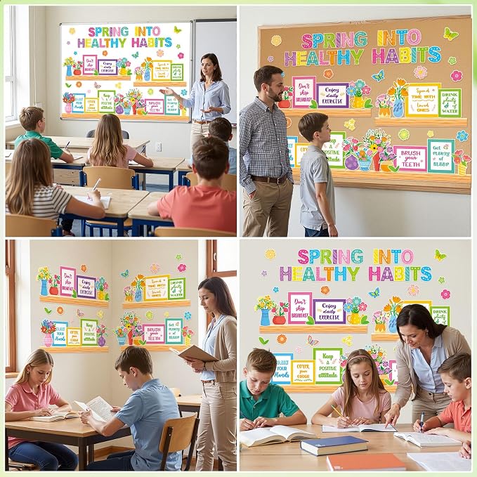 Qilery Spring Healthy Habits Bulletin Board Set Classroom Decorations - Motivational Nutrition Paper Cutouts for Elementary School Nurse Office - Educational Positive Wall Decor for Teachers & Library