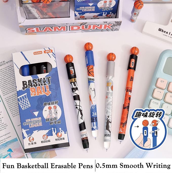Pack 8 Funny Spin Basketball Rollerball Pens, Erasable Gel Pen Blue Ink 0.5mm, Rotatable Sports Pen, Slam Dunk Design for Boys School Office, Basketball Fans, Clubs,