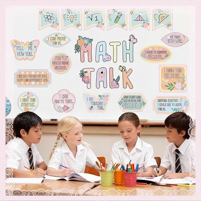 AmazingSpark Pink Floral Math Talk Bulletin Board Set Classroom Decorations Educational Maths Paper Cutouts Back to School Bulletin Board Decor Elementary Middle School Wall Decor Supplies