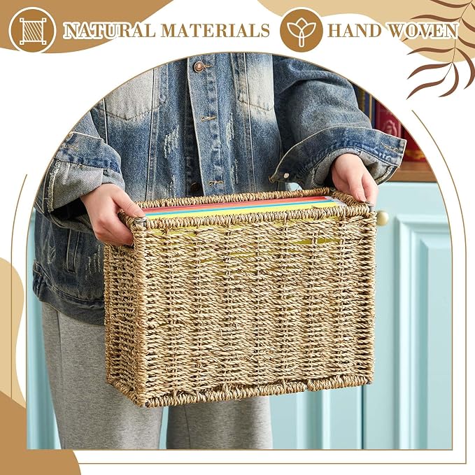 Novabright 2 Pcs Hanging File Desk Organizer 14.5 x 6 x 10.8 Inch Seagrass Hanging File Box Collapsible Portable Filing Basket, Letter Size Woven Storage Basket for Home Office Document Filing Decor