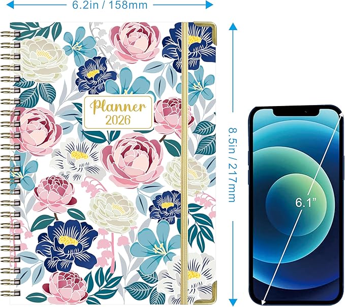2026 Weekly and Monthly Planner, Medium 6.2 x 8.5 Inch, Hardcover with Floral Design, Jan-Dec Calendar, Spiral-Bound with Monthly Tabs, 100 GSM Paper (yellow flower) (rose pink flower)