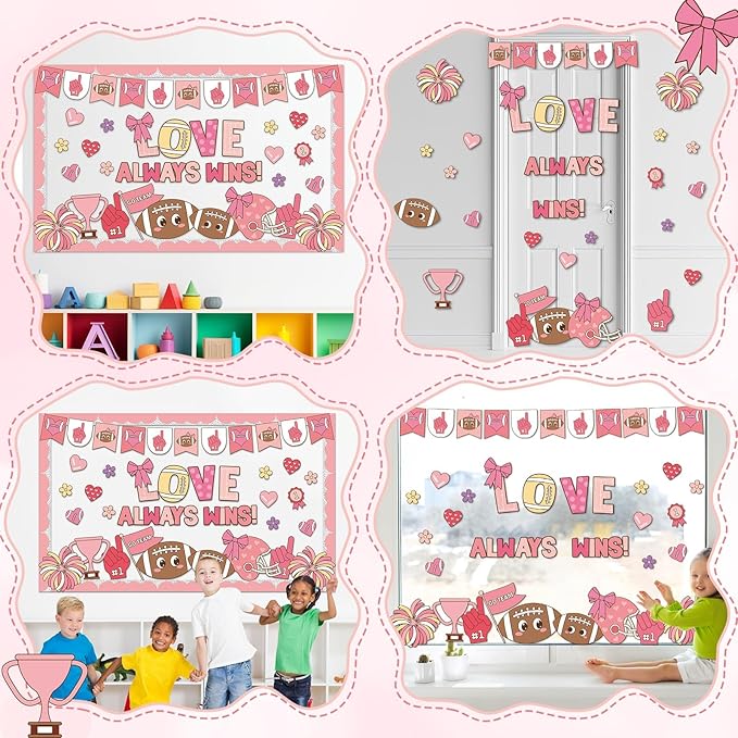 Valentine's Day Football Bulletin Board Valentine's Day Classroom Bulletin Board Pink Red Football Paper Cutouts Love Always Wins Classroom Decoration for School Home Office Chalkboard Wall Decor