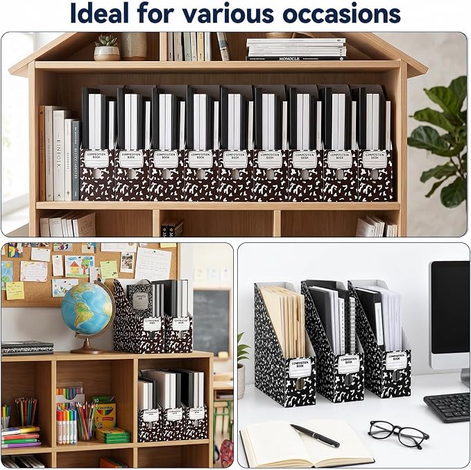 20 Pack Magazine File Holder Set Cardboard Magazine File Folders with Label Stickers Foldable Desk Files Holder Cardboard Book Bins Files Organizer Storage Box For Home Office School (Composition)
