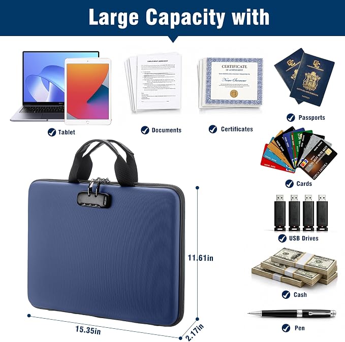 Fireproof Document Box with Lock, Hard-Shell Case Fireproof File Organizer with 13 Pocket Accordion File Folder, Portable Home Office Travel Safe Storage for Important Documents Laptop