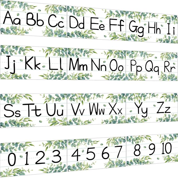 12 Pieces Alphabet Bulletin Board Strips Set Greenery Alphabet Line ABC Alphabets Banner & Number Border Posters for Preschool Kindergarten Classroom Bedroom Playroom (Eucalyptus)