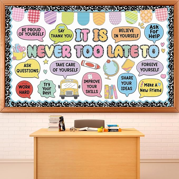 Back to School Bulletin Board Set Inspirational Composition Notebook Classroom Decoration It is Never Too Late Bulletin Board Motivational Positive Paper Cutout for First Day of School Home Wall Decor