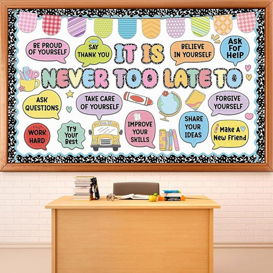 Back to School Bulletin Board Set Inspirational Composition Notebook Classroom Decoration It is Never Too Late Bulletin Board Motivational Positive Paper Cutout for First Day of School Home Wall Decor